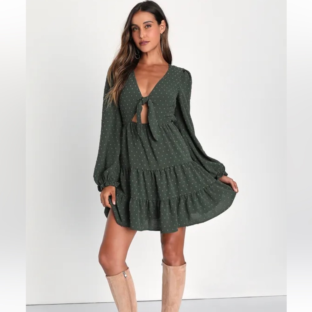 Darling Personality olive green swiss dot tie front mini dress